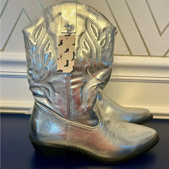 MYSOFT Silver Mid Calf Cowboy Boots Sz 7.5 - Picture 8 of 10